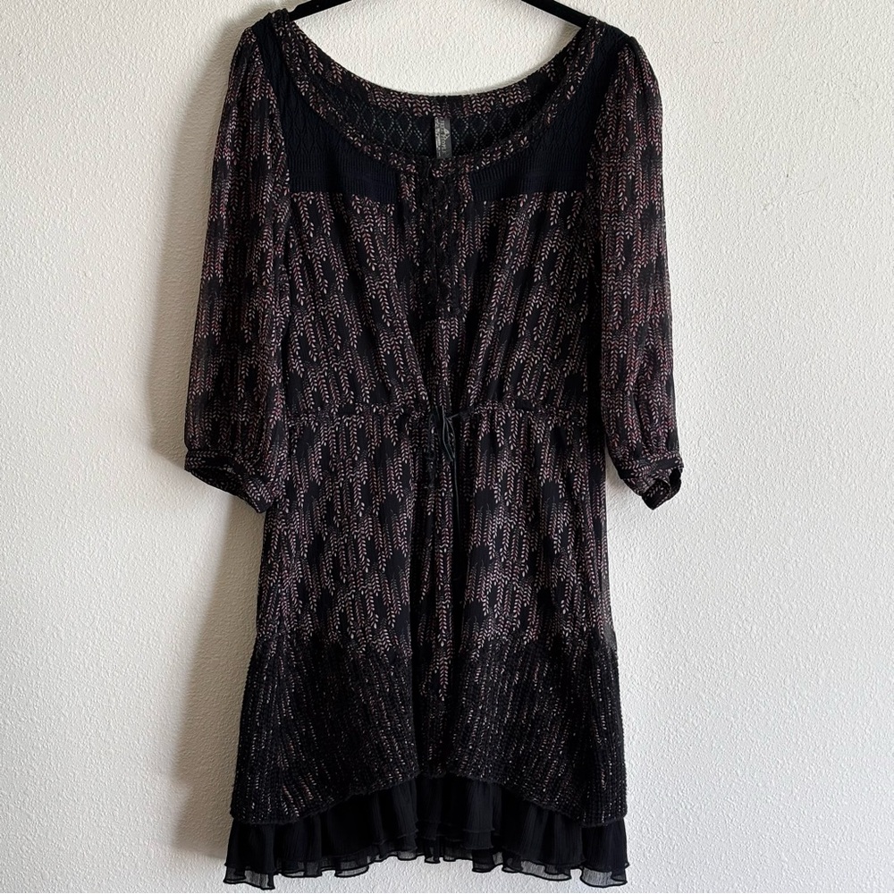 Free People Women's Black Lace Mini Dress SZ M Leather Tie 3/4 Sleeve